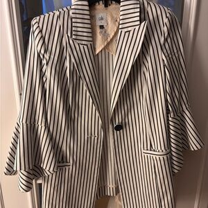 CAbi Black & White Vertical Stripe Blazer with Ruffle Sleeves